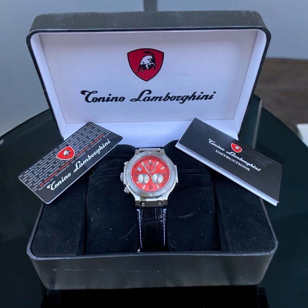 NEW Tonino Lamborghini Men's Chronograph Diamond Bezel Leather Strap Watch
